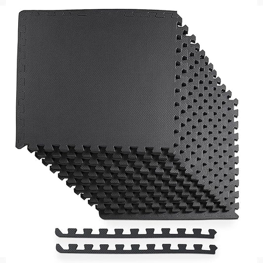 BalanceFrom Puzzle Exercise Mat 1/2' Thick, EVA Interlocking Foam Floor Tiles for Home Gym, Mat for Home Workout Equipment, Floor Padding for Kids, Black, 24 in x 24 in x 1/2 in, 48 Sq Ft - 12 Tiles