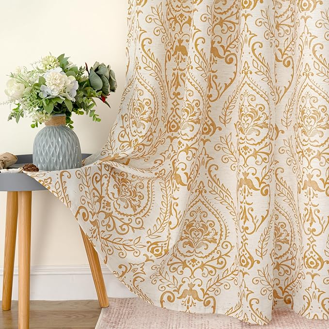 LAMIT Short Linen Curtains 45 inch Length for Small Windows, Light Filtering Semi Sheer Linen Curtains Grommet Vintage Damask Flower Pattern Drapes for Half Windows, 2 Panels, 34 x 45 Inch, Gold