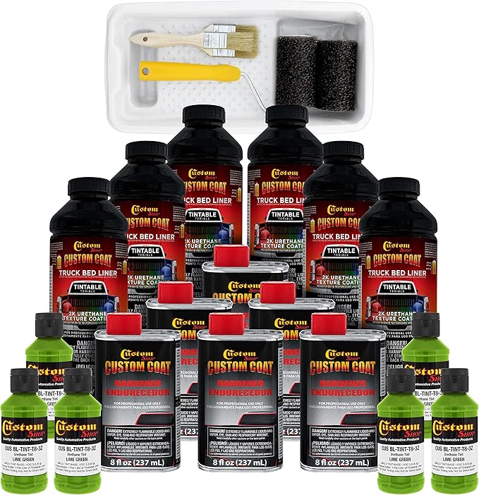 Custom Coat Lime Green 1.5 Gallon (6 Quart) Urethane Roll-On, Brush-On or Spray-On Truck Bed Liner Kit with Roller and Brush Applicator Kit - Easy Mixing - Textured Car Auto Protective Coating