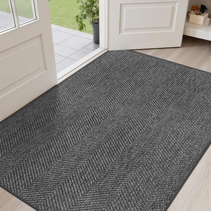 Ultra Thin Indoor Door Mat 36"x59", Washable Door Mat Indoor Entrance, Non Slip Rubber Backing Doormat Low-Profile Inside Entryway Mat, Unique Herringbone Design Entry Mat, Dark Grey (FOLD)