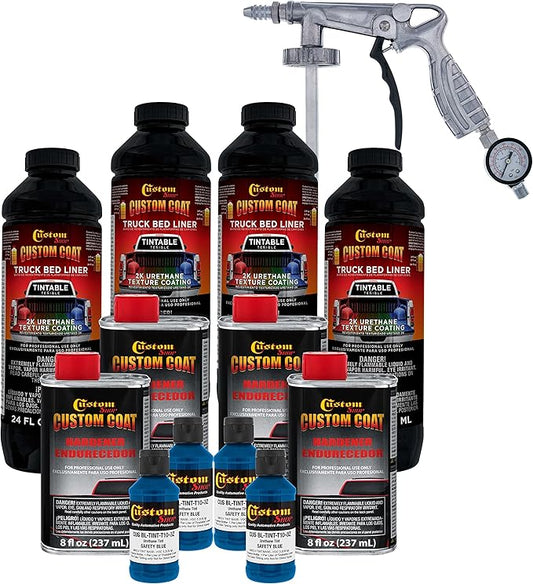 Custom Coat Safety Blue 1 Gallon Urethane Spray-On Truck Bed Liner Kit with Spray Gun and Regulator - Easy Mixing, Shake, Shoot It - Durable Textured Protective Coating, Prevent Rust - Car, Auto