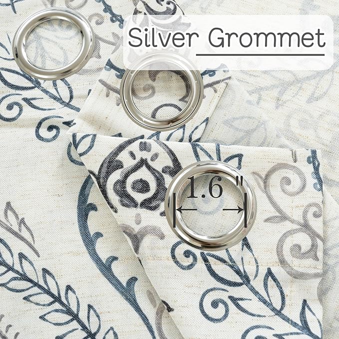 LAMIT Linen Curtains for Living Room 108 inch Length 2 Panels, Grommet Light Filtering Semi Sheer Curtains Vintage Damask Flower Pattern Window Drapes for Bedroom, Greyish Blue, 52 x 108 Inch