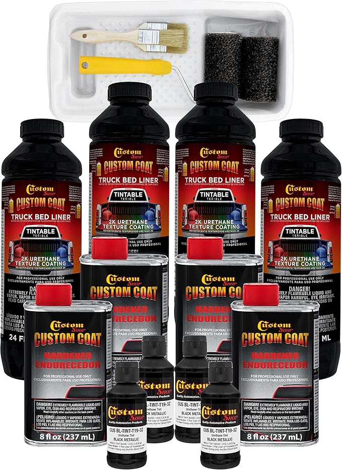 Custom Coat Black Metallic 1 Gallon Urethane Roll-On, Brush-On or Spray-On Truck Bed Liner Kit with Roller and Brush Applicator Kit - Easy Mixing, Shake, Shoot - Textured Car Auto Protective Coating