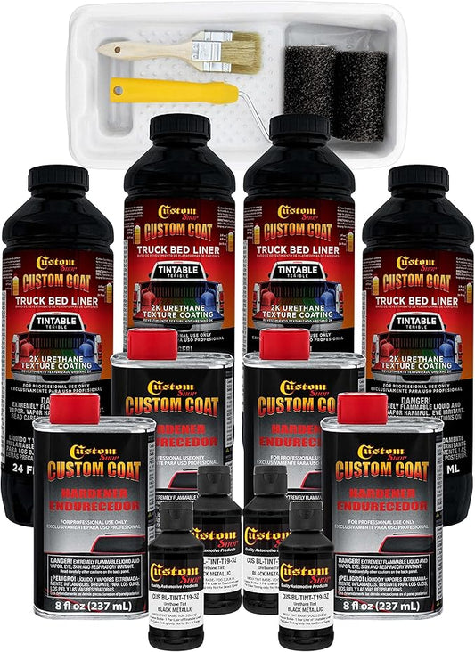 Custom Coat Black Metallic 1 Gallon Urethane Roll-On, Brush-On or Spray-On Truck Bed Liner Kit with Roller and Brush Applicator Kit - Easy Mixing, Shake, Shoot - Textured Car Auto Protective Coating