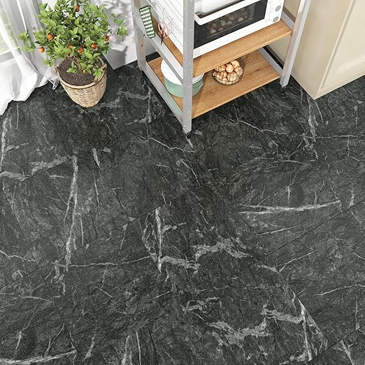 Wallercity 5PCS Black Marble Vinyl Flooring Peel and Stick Floor Tiles for Bathroom Stick on Tile Floor Stickers Self-Adhesive Waterproof Non-Slip Flooring Tile Sheets for Balcony Kitchen 12''x12''