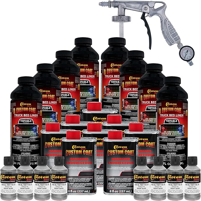 Custom Coat Bright Silver 2 Gallon (8 Quart) Urethane Spray-On Truck Bed Liner Kit with Spray Gun and Regulator - Easy Mixing, Shake, Shoot - Textured Protective Coating, Prevent Rust - Car, Auto