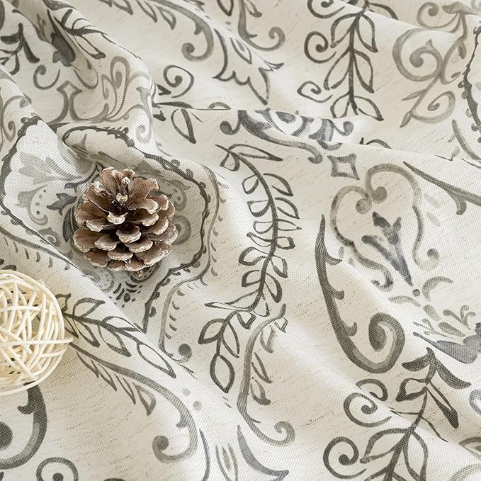 LAMIT Linen Curtains for Living Room with Damask Printed, Grommet Light Filtering Boho Vintage Floral Pattern Farmhouse Window Drapes for Bedroom/Country, Grey, 2 Panels Each 52 x 95 Inch