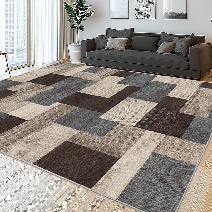 Modern Geometric Patchwork Indoor Area Rug for Living Room, Blue-Taupe 6'x 9' Large Rug Rockwood Collection Hardwood Floors Decor for Bedroom, Blue Throw Carpet for Office Entryway Dining Room