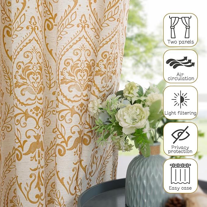 LAMIT Linen Curtains 40 inch Length for Small Windows, Light Filtering Semi Sheer Linen Curtains Grommet Vintage Damask Flower Pattern Drapes for Half Windows/Cafe, 2 Panels, 34 x 40 Inch, Gold