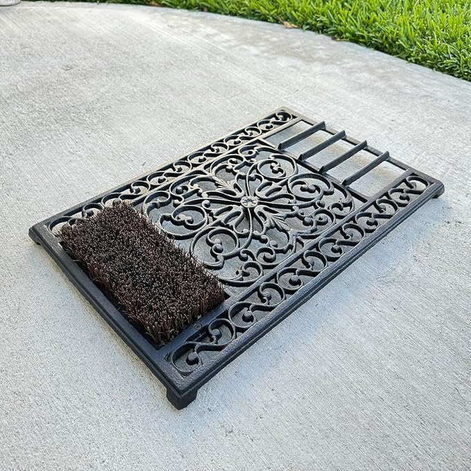 Vintage Cast Iron Door Mat with Rust Brown Shoe Brush - Decorative Floral Pattern Entryway Rug for Outdoor Shoe Cleaning HC5447