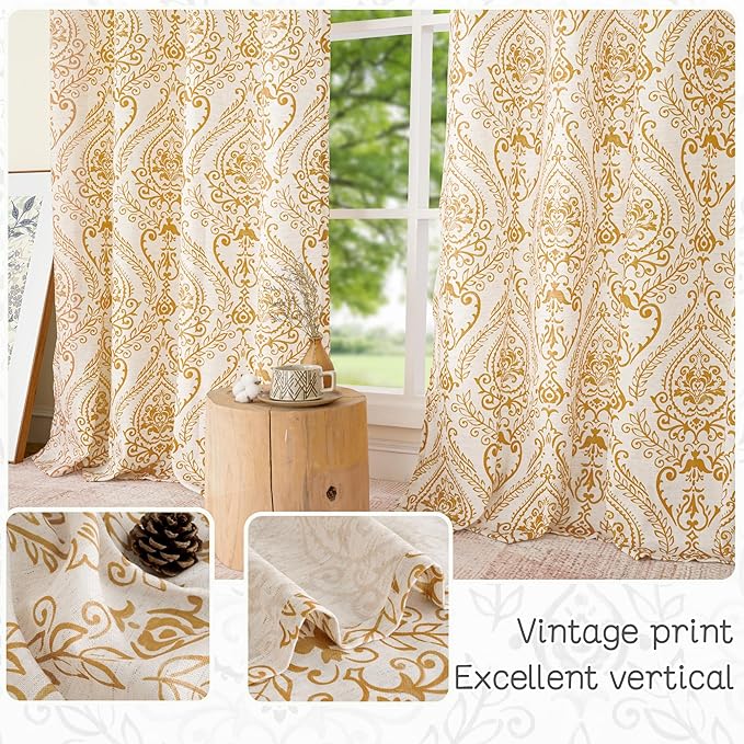 LAMIT Linen Curtains 40 inch Length for Small Windows, Light Filtering Semi Sheer Linen Curtains Grommet Vintage Damask Flower Pattern Drapes for Half Windows/Cafe, 2 Panels, 34 x 40 Inch, Gold