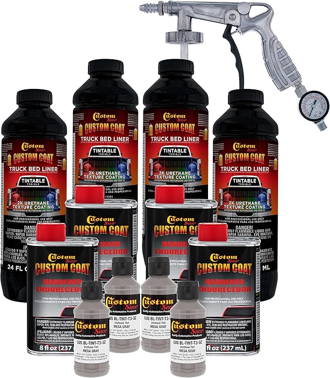 Custom Coat Mesa Gray 1 Gallon Urethane Spray-On Truck Bed Liner Kit with Spray Gun and Regulator - Easy Mixing, Shake, Shoot It - Durable Textured Protective Coating, Prevent Rust - Car, Auto