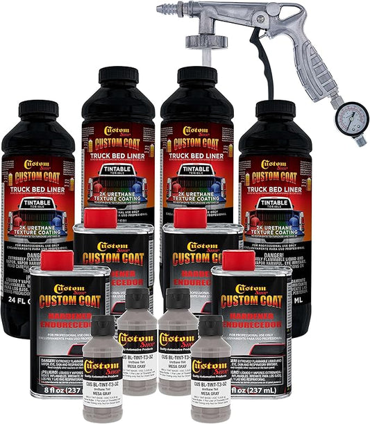 Custom Coat Mesa Gray 1 Gallon Urethane Spray-On Truck Bed Liner Kit with Spray Gun and Regulator - Easy Mixing, Shake, Shoot It - Durable Textured Protective Coating, Prevent Rust - Car, Auto
