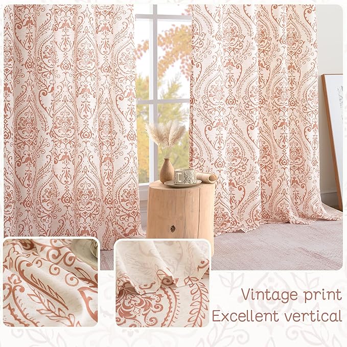 LAMIT Cafe Linen Curtains 45 inch Length for Small Windows, Light Filtering Semi Sheer Linen Curtains Grommet Vintage Damask Flower Pattern Drapes for Kitchen, 2 Panels, 34 x 45 Inch, Terracotta