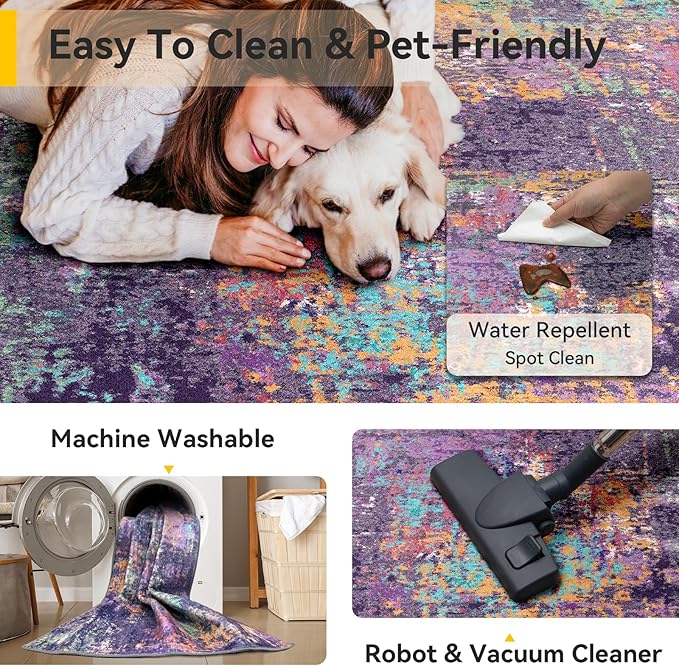 RELEANY Washable Area Rugs 2'x8' Non-Slip Modern Abstract Soft for Living Room Entryway Bedroom Nursery, Print Pattern, Purple Orange Blue Green Rust Red Colorful