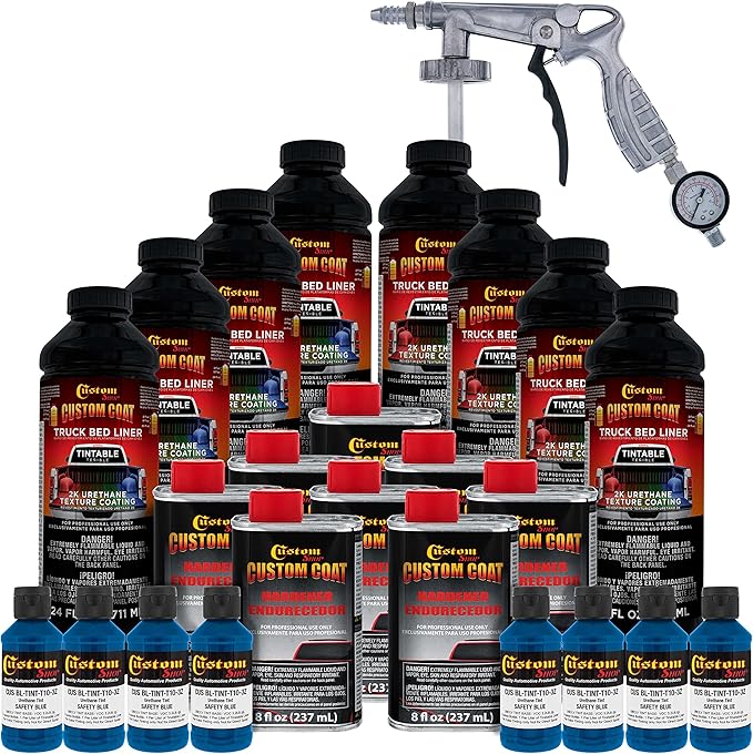 Custom Coat Safety Blue 2 Gallon (8 Quart) Urethane Spray-On Truck Bed Liner Kit with Spray Gun and Regulator - Easy Mixing, Shake, Shoot - Textured Protective Coating, Prevent Rust - Car, Auto