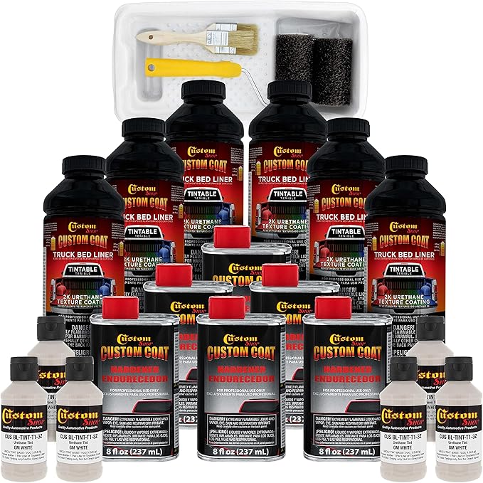 Custom Coat GM White 1.5 Gallon (6 Quart) Urethane Roll-On, Brush-On or Spray-On Truck Bed Liner Kit with Roller and Brush Applicator Kit - Easy Mixing - Textured Car Auto Protective Coating