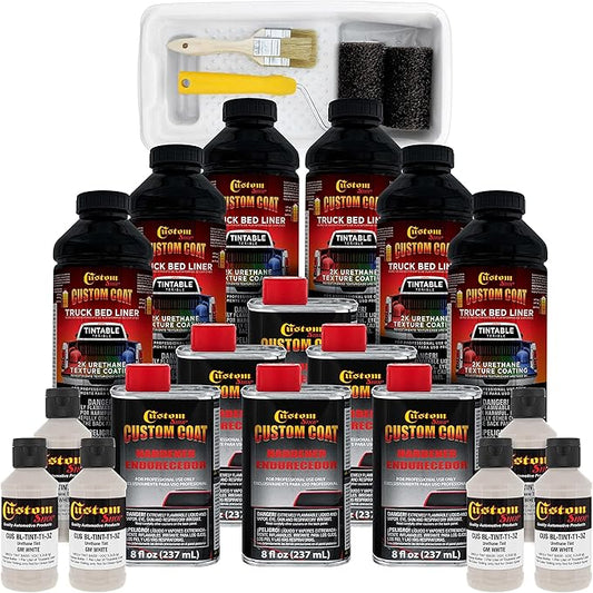 Custom Coat GM White 1.5 Gallon (6 Quart) Urethane Roll-On, Brush-On or Spray-On Truck Bed Liner Kit with Roller and Brush Applicator Kit - Easy Mixing - Textured Car Auto Protective Coating