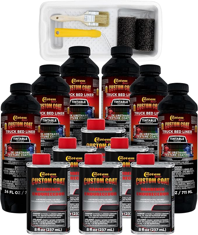 Custom Coat Tintable Base Only 1.5 Gallon (6 Quart) Urethane Roll-On, Brush-On or Spray-On Truck Bed Liner Kit with Roller and Brush Applicator Kit - 3 to 1 Mix Ratio Textured Auto Protective Coating