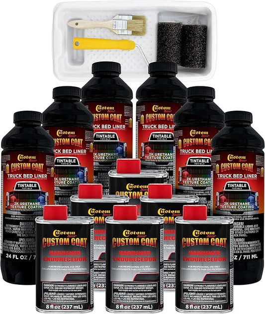 Custom Coat Tintable Base Only 1.5 Gallon (6 Quart) Urethane Roll-On, Brush-On or Spray-On Truck Bed Liner Kit with Roller and Brush Applicator Kit - 3 to 1 Mix Ratio Textured Auto Protective Coating