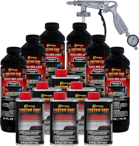 Custom Coat Tintable Base Only 1.5 Gallon (6 Quart) Urethane Spray-On Truck Bed Liner Kit with Spray Gun and Regulator - Easy 3 to 1 Mix Ratio, Just Mix, Shake and Shoot It Textured Protective Coating