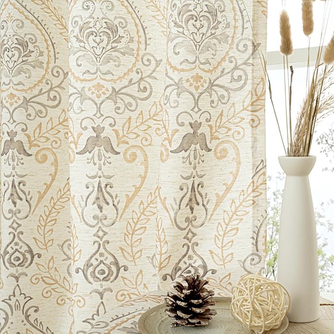 LAMIT Yellow Linen Curtains 90 inches for Living Room, Grommet Faux Linen Curtains Light Filtering Vintage Damask Flower Pattern Window Drapes for Bedroom, 2 Panels Each 52 x 90 Inch