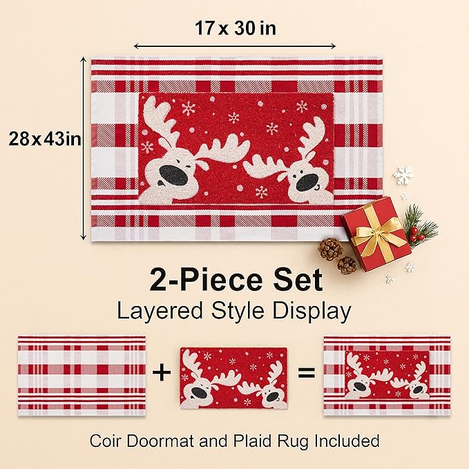 2-Piece Christmas Door Mat Combo Set - Reindeer Coir Doormat 17"x30" + Red & White Plaid Rug 28"x43", Layered Front Door Decor for Porch/Entryway, Natural Coir with PVC Backing