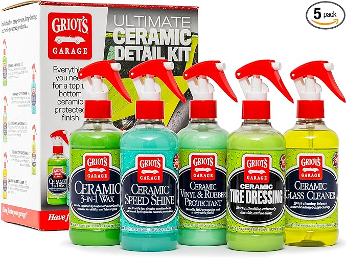 Griot's Garage Ultimate Ceramic Detail Kit for Car Detailing, Includes 8oz Bottles of Ceramic 3-in-1 Wax, Speed Shine Detailer, Tire Dressing, Glass Cleaner, and Vinyl and Rubber Protectant, 11606