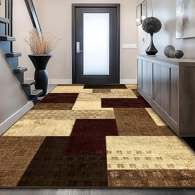 Modern Geometric Patchwork Indoor Area Rug for Living Room, Red 4x6 Large Rug Rockwood Collection Hardwood Floors Decor for Bedroom, Burgundy Throw Carpet for Office Entryway Dining Room