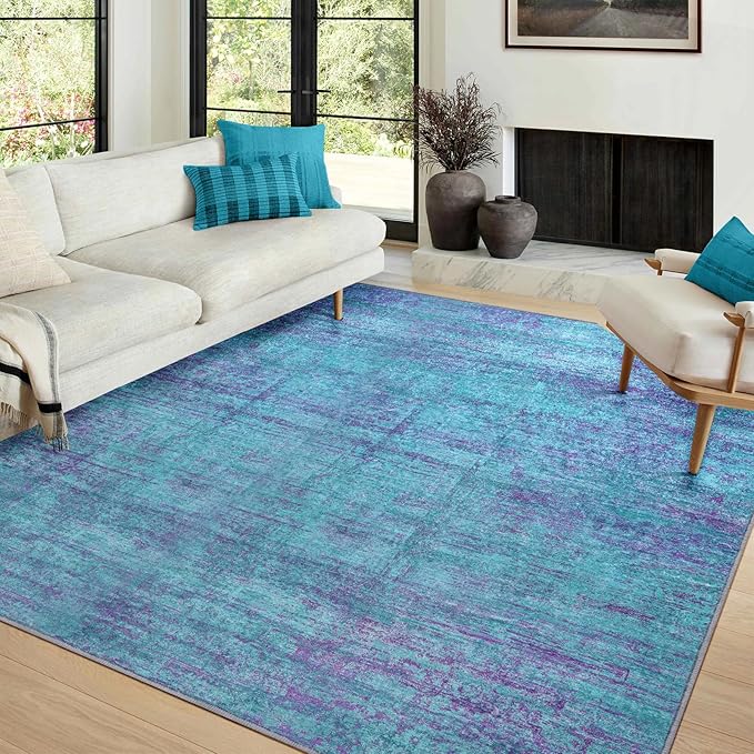 Abstract 3x5 Area Rug, Modern Indoor Entryway Rugs, Washable Soft Non-Slip Accent Carpet Door Mat for Dining Room Kitchen Bedroom - Teal+Purple