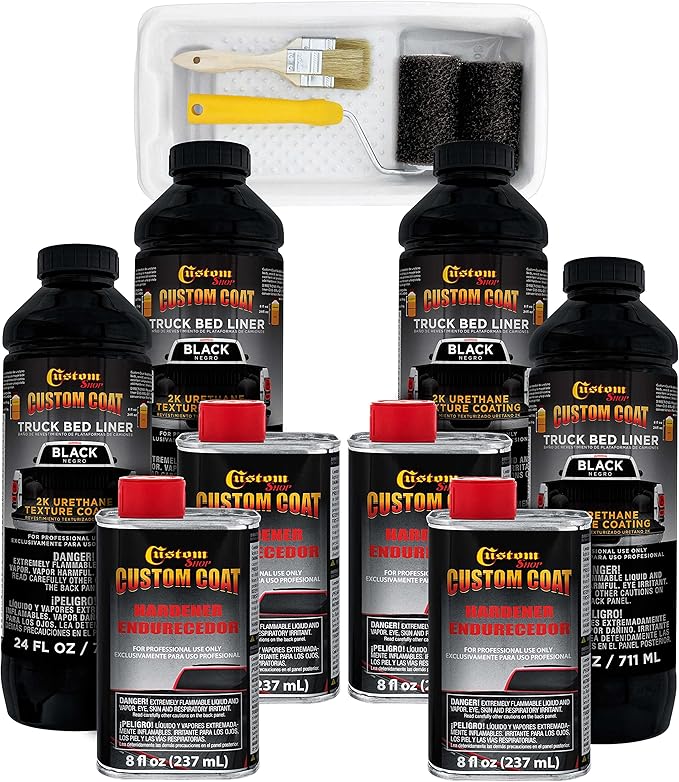 Custom Coat Black 1 Gallon Urethane Roll-On, Brush-On or Spray-On Truck Bed Liner Kit with Roller and Brush Applicator Kit - 3 to 1 Mix Ratio - Durable Textured Car Auto Protective Coating