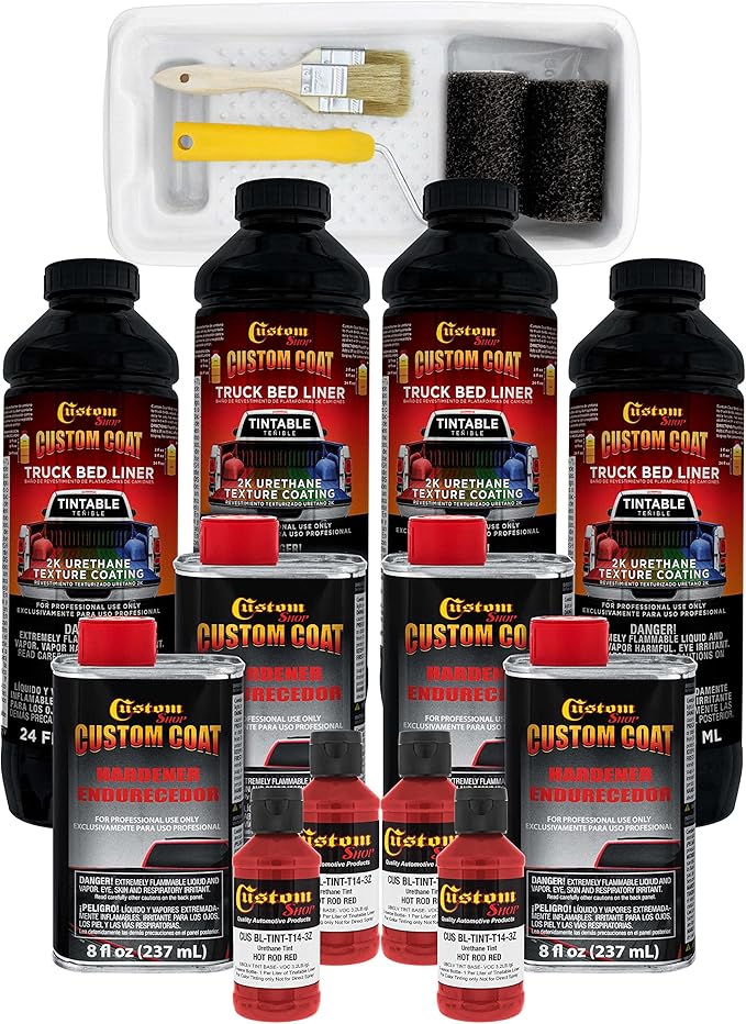 Custom Coat Hot Rod Red 1 Gallon Urethane Roll-On, Brush-On or Spray-On Truck Bed Liner Kit with Roller and Brush Applicator Kit - Easy Mixing, Shake, Shoot Textured Car Auto Protective Coating