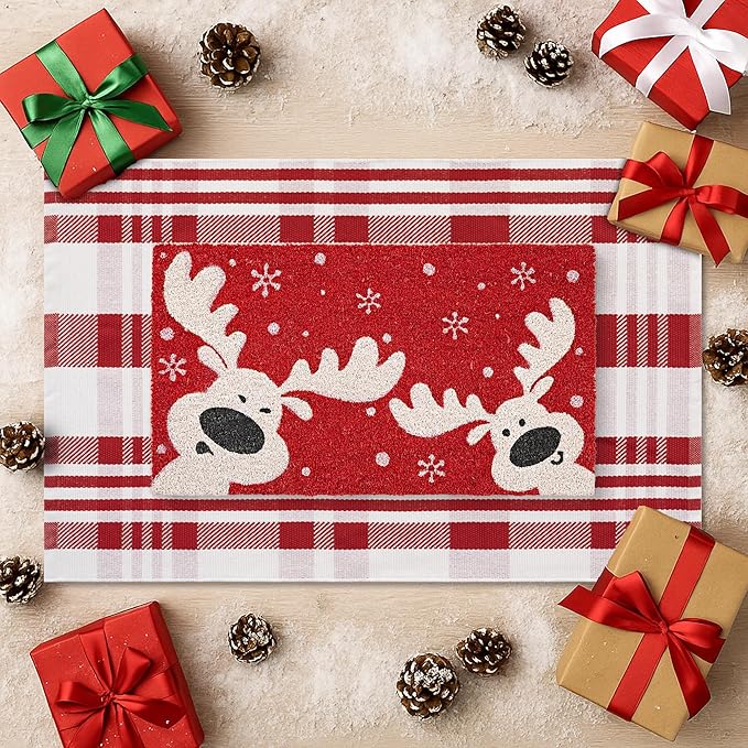 2-Piece Christmas Door Mat Combo Set - Reindeer Coir Doormat 17"x30" + Red & White Plaid Rug 28"x43", Layered Front Door Decor for Porch/Entryway, Natural Coir with PVC Backing
