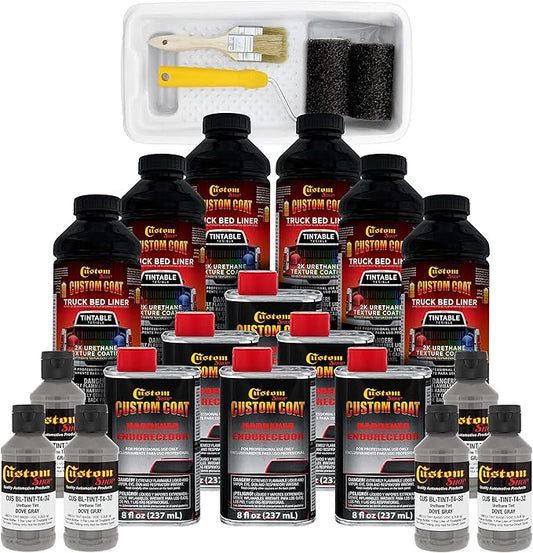 Custom Coat Dove Gray 1.5 Gallon (6 Quart) Urethane Roll-On, Brush-On or Spray-On Truck Bed Liner Kit with Roller and Brush Applicator Kit - Easy Mixing - Textured Car Auto Protective Coating
