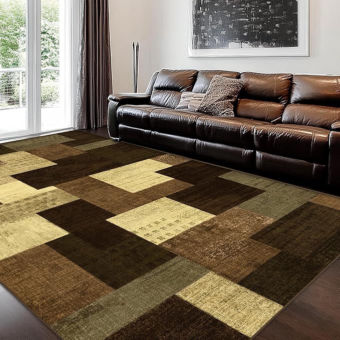 Modern Geometric Patchwork Indoor Area Rug for Living Room, Warm Taupe 8x10 Large Rug Rockwood Collection Hardwood Floors Decor for Bedroom, Taupe Throw Carpet for Office Entryway Dining Room