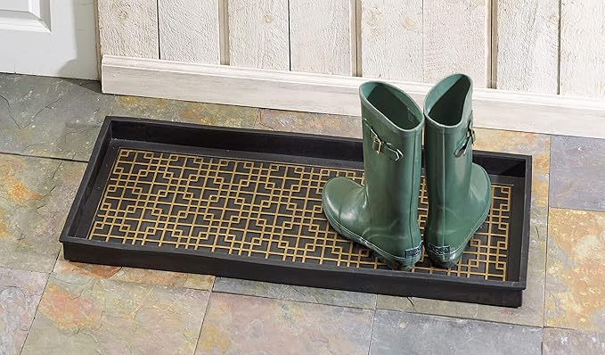 HF by LT Logan Design Deluxe Rubber Boot-Tray, 34 x 14 inches, Heavy Duty Vulcanized Rubber, One-Piece Seamless Construction, Year Round Use Indoors or Outdoors, Black with Brushed Brass Finish