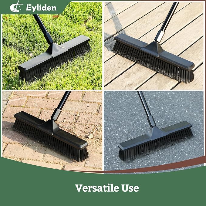 Eyliden Deck & Workshop 18" Push Broom - from Driveway to Patio, One Broom for Every Surface | 66" Adjustable Handle, Heavy-Duty Stiff Bristles Sweeper for Concrete Sidewalk Yard Garage & Snow, Black