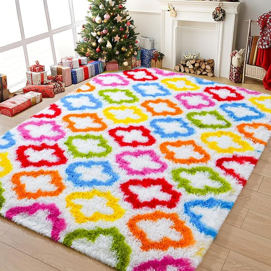 Tepook Fluffy Colorful Rug for Kids, Shaggy Soft Rainbow Area Rugs for Girls Bedroom, Indoor Modern Geometric Moroccan Rugs Plush Girls Kids Rug for Playroom Teens Room Nursery Home Decor, 3 X 5 ft