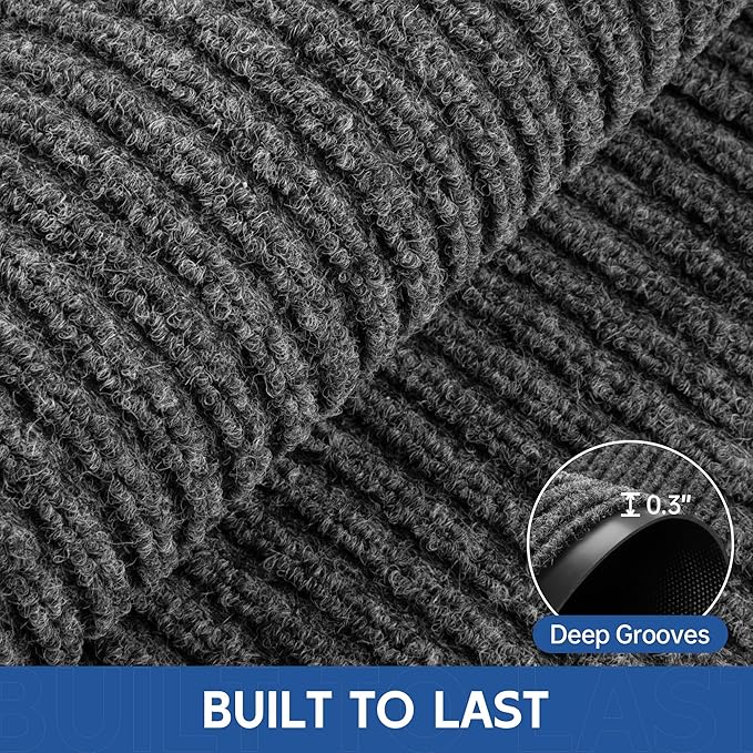 Front Door Mat, 4' x 8' Heavy Duty Indoor Outdoor Doomat, Commercial Industry Rugs with Rubber Backing, Non-Slip Low Profile Welcome Entry Mat for Patio, Home, Grey