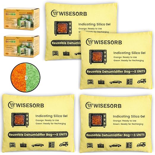 Wisesorb 4 Pack 240G Reusable Silica Gel Desiccant Dehumidifier Bags, Color Indicating Moisture Absorbers for Car, Closet, Garage, 3D Filaments, Emoisture, Microwave Rechargeable Reusable Drying Bags