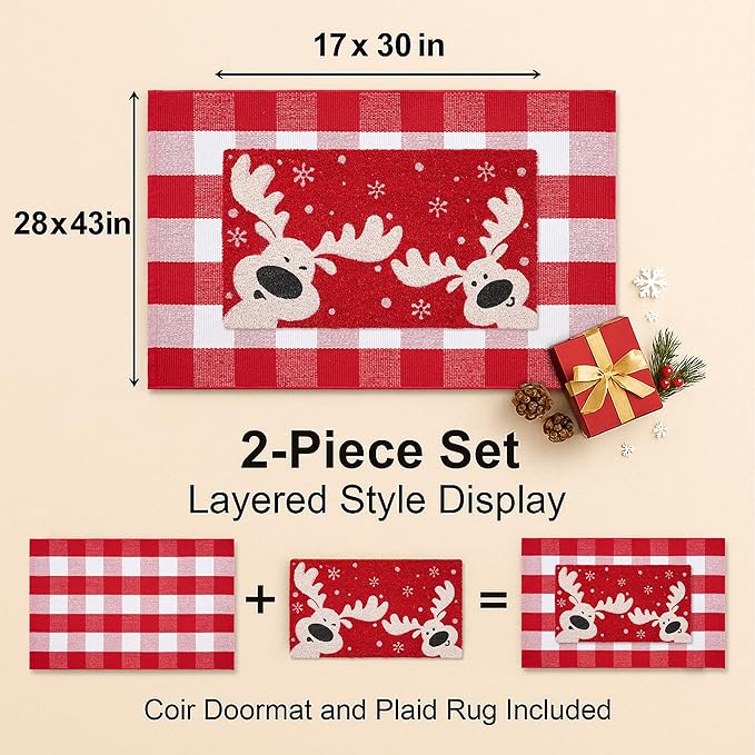2-Piece Christmas Door Mat Combo Set - Reindeer Coir Doormat 17"x30" + Red White Buffalo Plaid Rug 28"x43", Layered Front Door Decor for Porch/Entryway, Natural Coir with PVC Backing