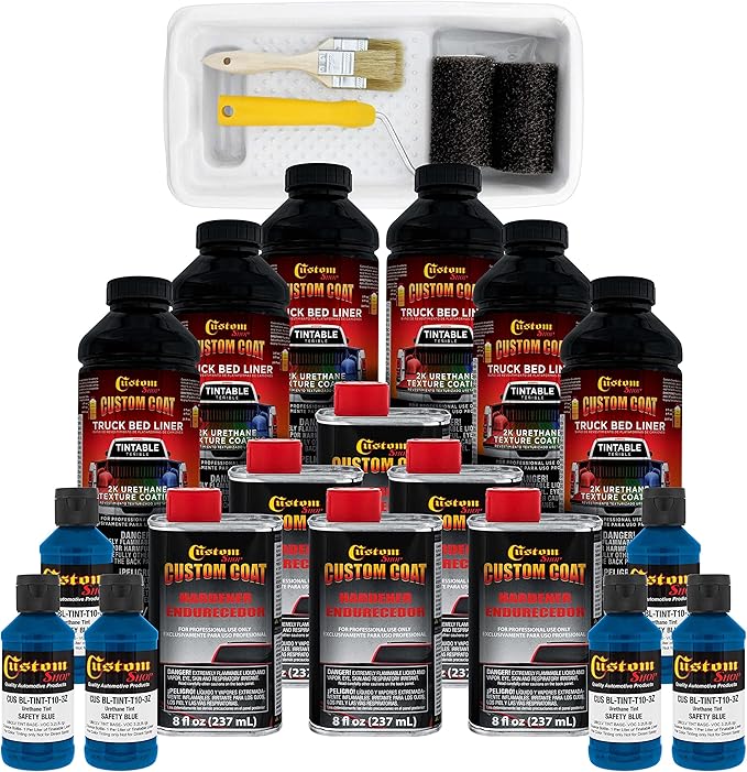 Custom Coat Safety Blue 1.5 Gallon (6 Quart) Urethane Roll-On, Brush-On or Spray-On Truck Bed Liner Kit with Roller and Brush Applicator Kit - Easy Mixing - Textured Car Auto Protective Coating