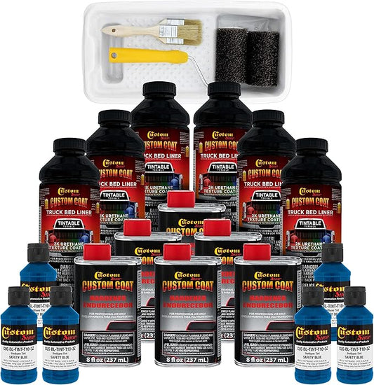 Custom Coat Safety Blue 1.5 Gallon (6 Quart) Urethane Roll-On, Brush-On or Spray-On Truck Bed Liner Kit with Roller and Brush Applicator Kit - Easy Mixing - Textured Car Auto Protective Coating