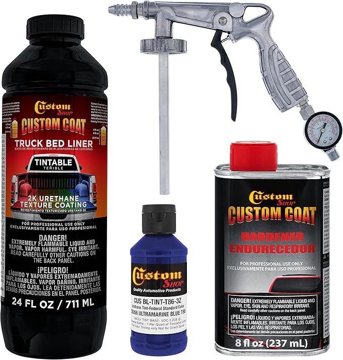 Custom Coat Federal Standard Color # 35056 Ultramarine Blue T86 Urethane Spray-On Truck Bed Liner, 1 Quart Kit with Spray Gun and Regulator - Durable Textured Protective Coating - Easy Mix Car Auto