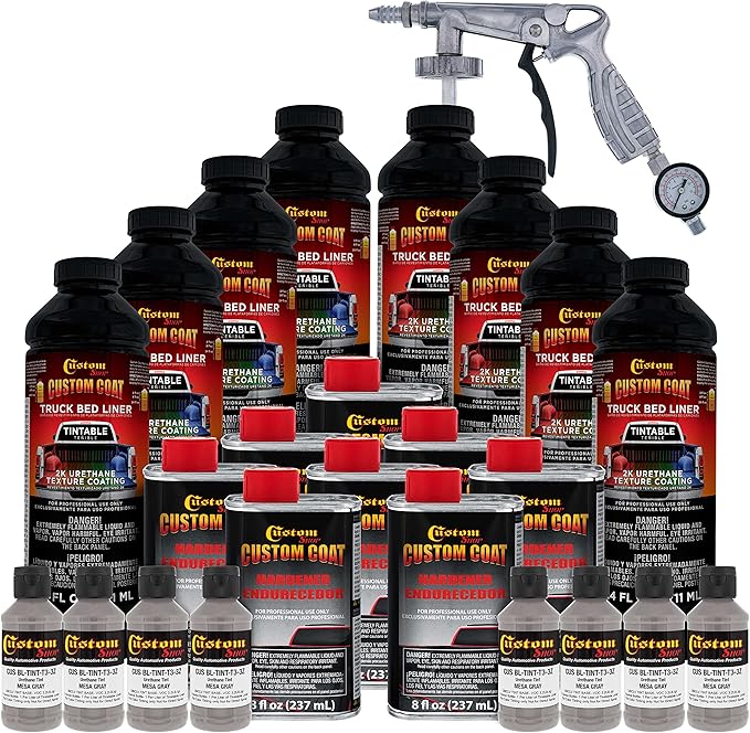 Custom Coat Mesa Gray 2 Gallon (8 Quart) Urethane Spray-On Truck Bed Liner Kit with Spray Gun and Regulator - Easy Mixing, Shake, Shoot - Textured Protective Coating, Prevent Rust - Car, Auto