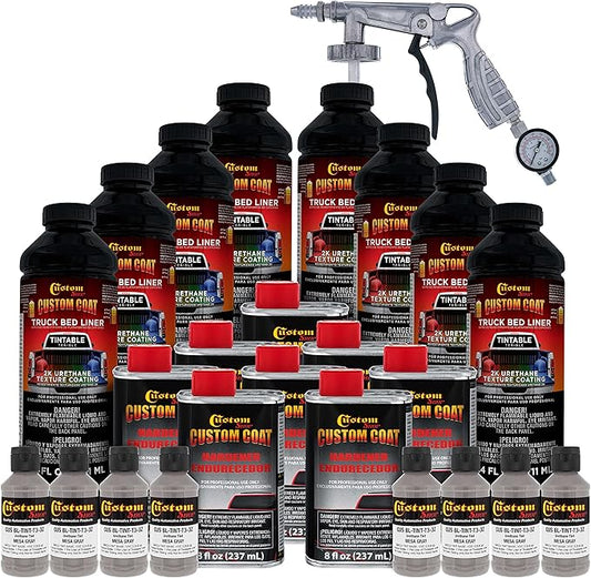 Custom Coat Mesa Gray 2 Gallon (8 Quart) Urethane Spray-On Truck Bed Liner Kit with Spray Gun and Regulator - Easy Mixing, Shake, Shoot - Textured Protective Coating, Prevent Rust - Car, Auto