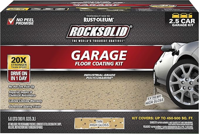 Rust-Oleum 293515 RockSolid Polycuramine Garage Floor Coating, 2.5 Car Kit, High Gloss Tan