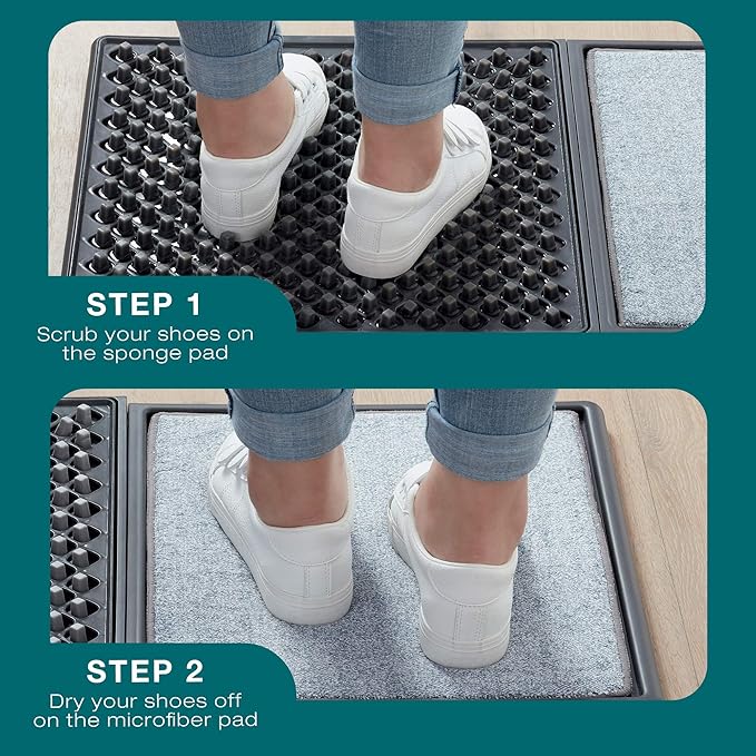 Sanitizing Shoe Door Mat - Disinfecting - Quick 2 Step Cleaning - Durable - Ultra Absorbent - Anti Slip Bottom - Automatic Shoe Sole Cleaner - 17” x 13”