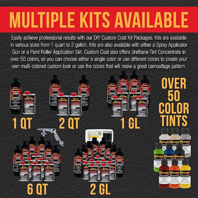 Custom Coat Tintable Base Only 2 Gallon (8 Quart) Urethane Spray-On Truck Bed Liner Kit with Spray Gun and Regulator - Easy 3 to 1 Mix Ratio, Just Mix, Shake and Shoot It -Textured Protective Coating