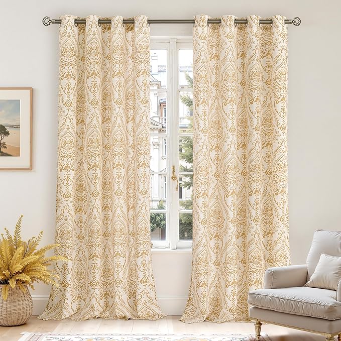 LAMIT Linen Curtains 84 Inches for Living Room, Grommet Light Filtering Country Farmhouse Curtains Flower Vintage Damask Pattern Window Drapes for Bedroom, 2 Panels Each 52 x 84 Inch, Gold